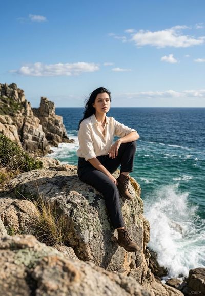 Man sits on coastal rock in linen shirt gazing at ocean