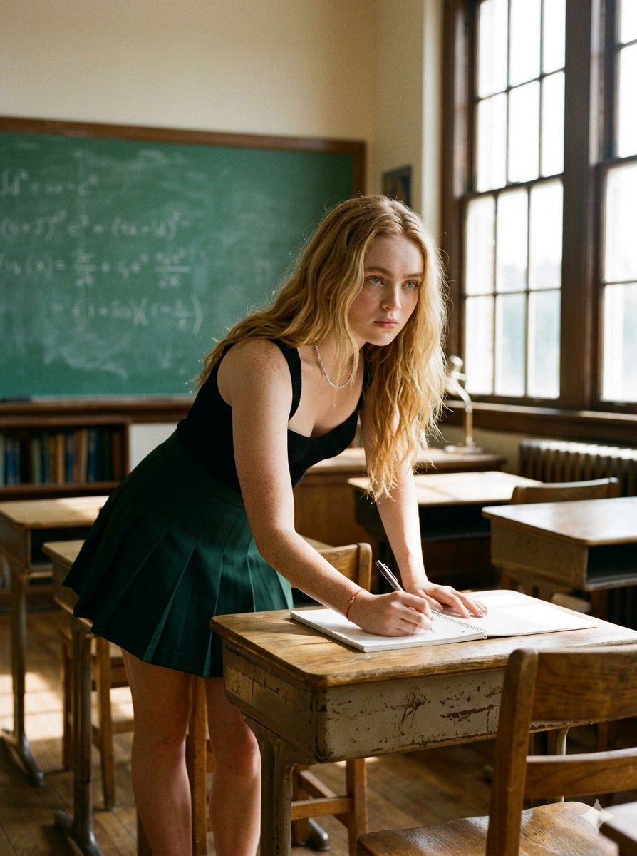 A blonde student leans over a desk in warm classroom light.