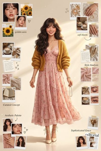Warm cottagecore fashion mood board showcases a woman in floral lace dress