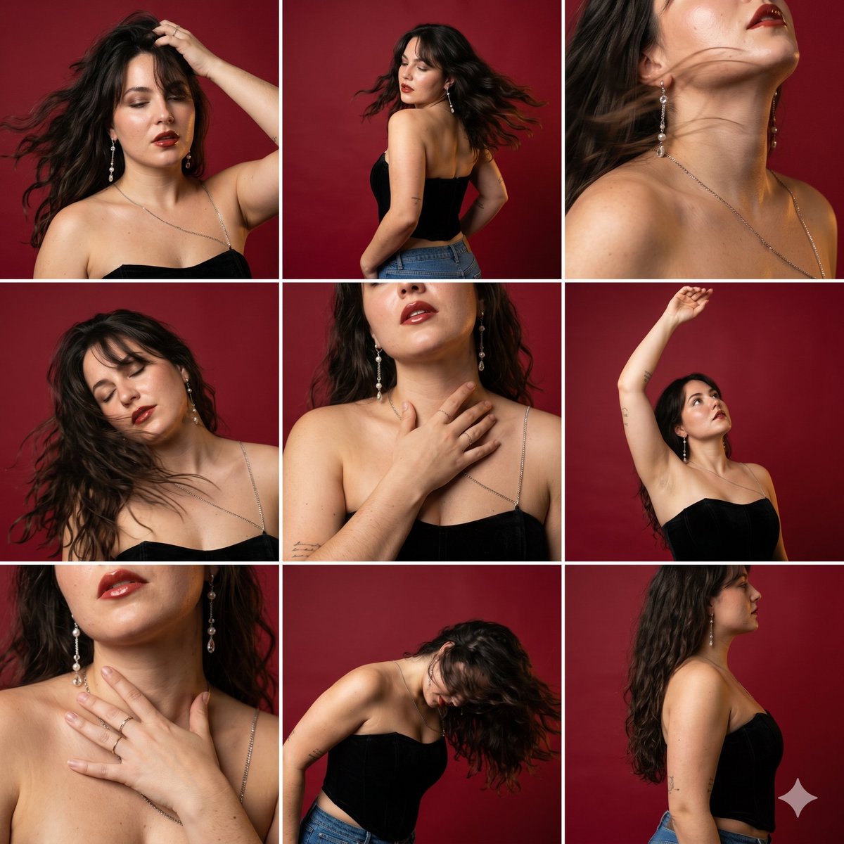 A woman with dark hair dances in a crimson studio wearing velvet