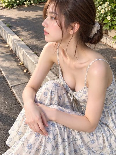 Woman in blue floral dress rests in dappled forest shade