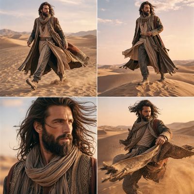 A bearded model strides through desert dunes in flowing silk robes