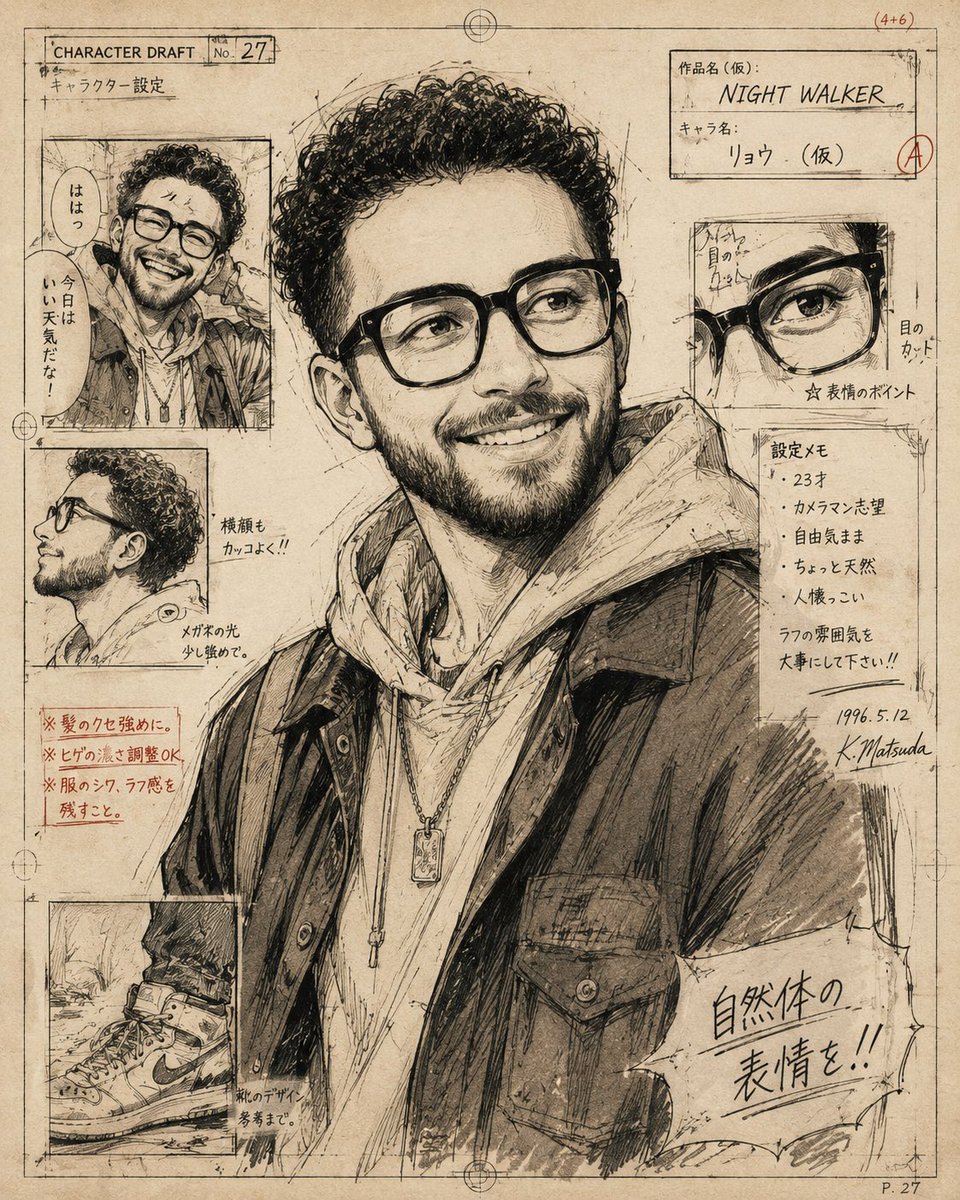 A curly-haired manga youth smiles in a vintage ink sketch