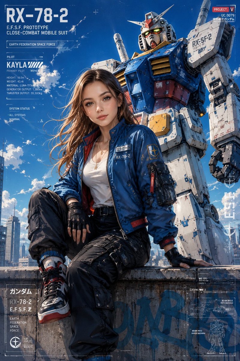 A young woman in a futuristic jacket sits before a towering Gundam.