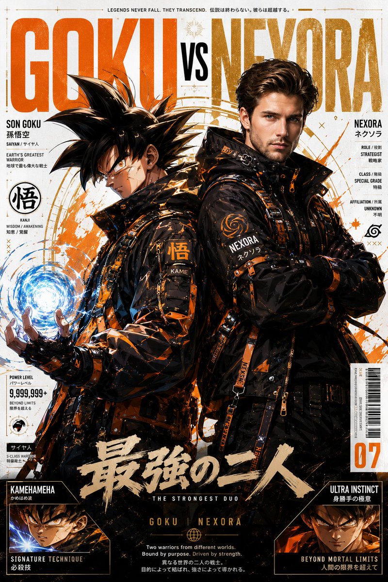 Naruto and his partner strike a pose in luxury cyberpunk techwear
