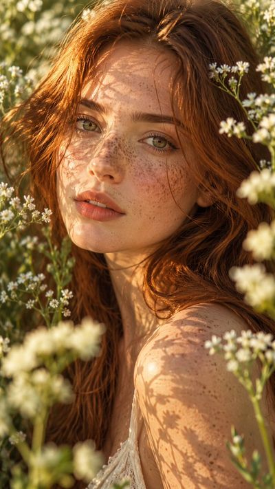 Sunlit Freckled Woman Surrounded by White Wildflowers in Golden Hour