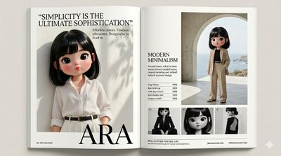 Chibi doll poses in sunlit linen against minimalist luxury backdrop