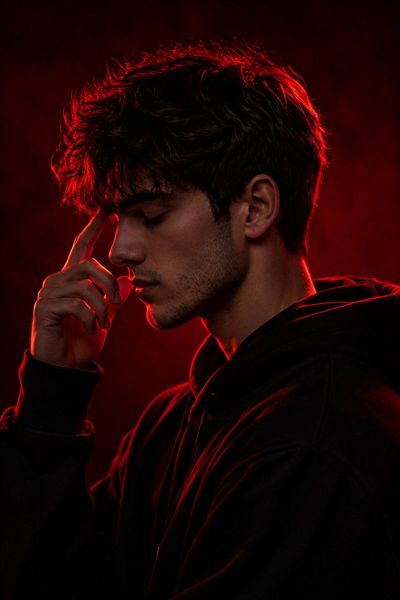 A contemplative man in red silhouette touches his temple gently.