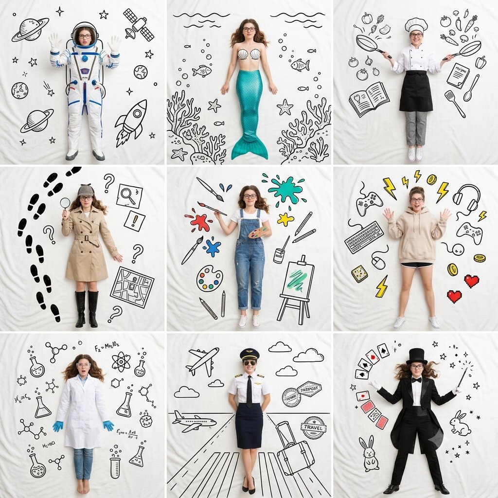 A young woman transforms into nine whimsical roles with doodles