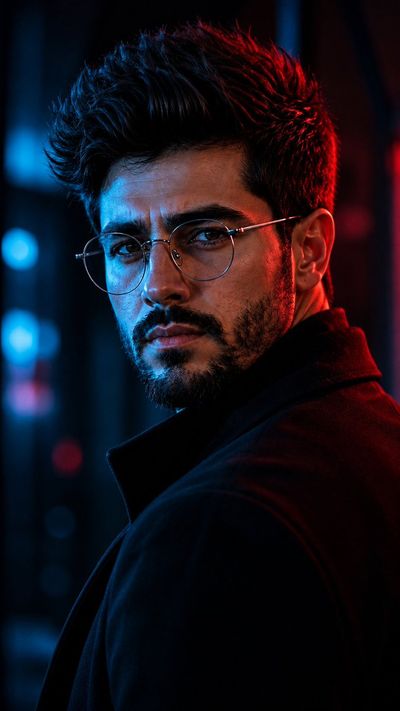 A guarded man turns back under stark blue and red neon lights