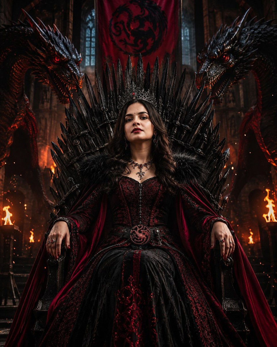 A Dragon Queen rules her iron throne with fierce elegance
