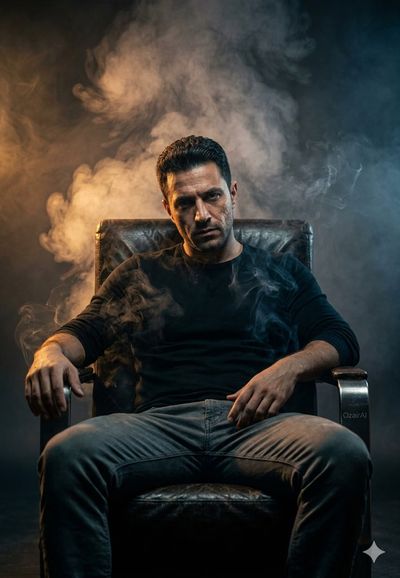 A man in a worn leather chair glares through thick industrial smog