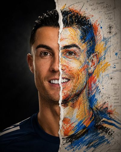 Split portrait merges hyperrealistic skin with chaotic crayon strokes