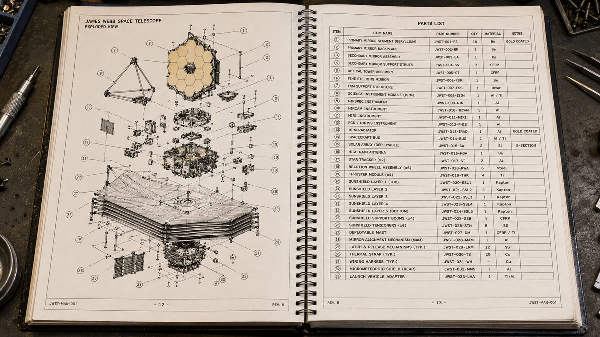 James Webb telescope parts catalog shows exploded view on workbench