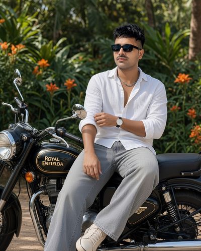 Calm rider on Royal Enfield amidst lush green garden