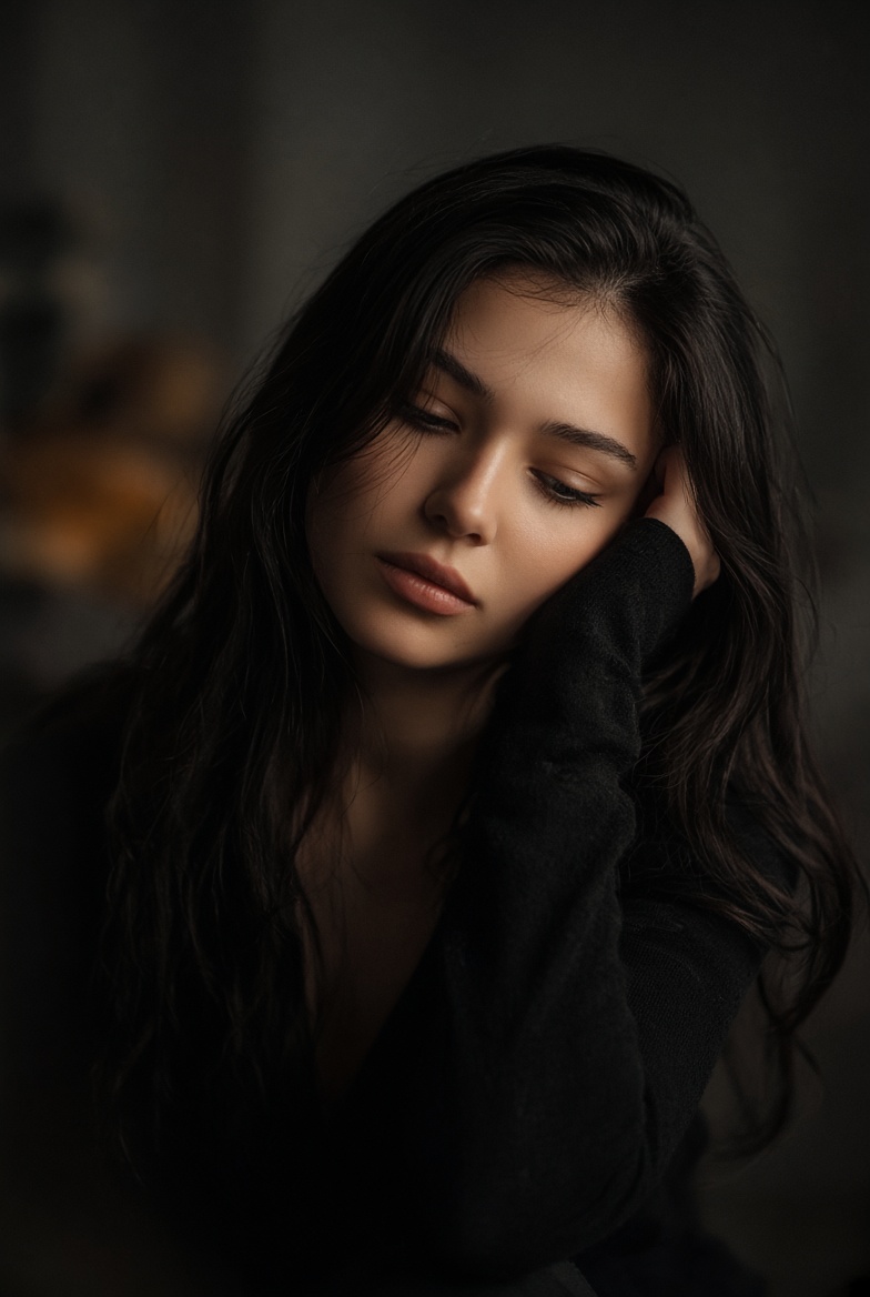 Young woman with messy hair rests head on hand in shadow