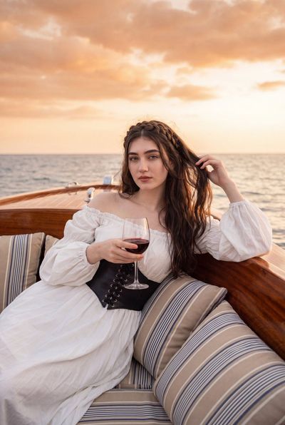 Young woman with braids relaxes in wooden boat at sunset