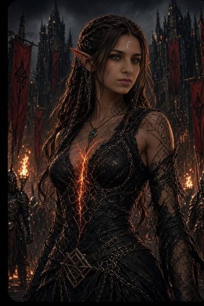 Dark Elf Queen Stands Before Gothic Castle With Glowing Mark