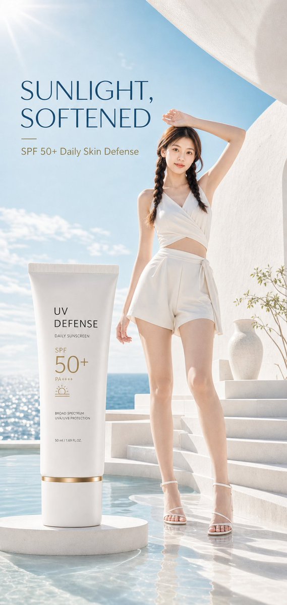 A woman applies SPF 50 sunscreen in a bright coastal studio setting