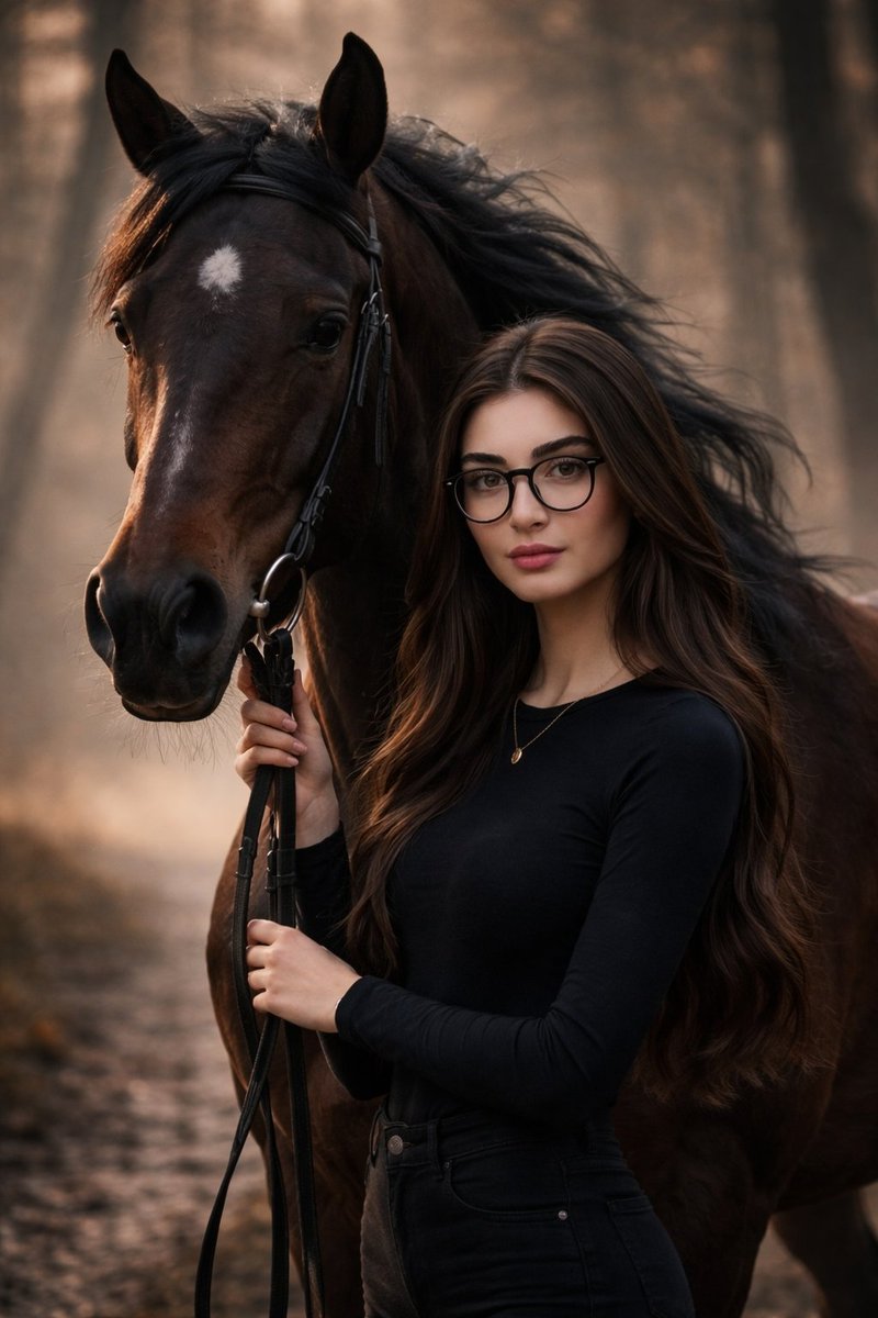 Serene Dawn with Woman and Horse in Misty Forest