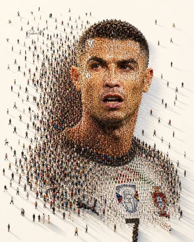 Thousands of tiny people form a legendary footballer portrait