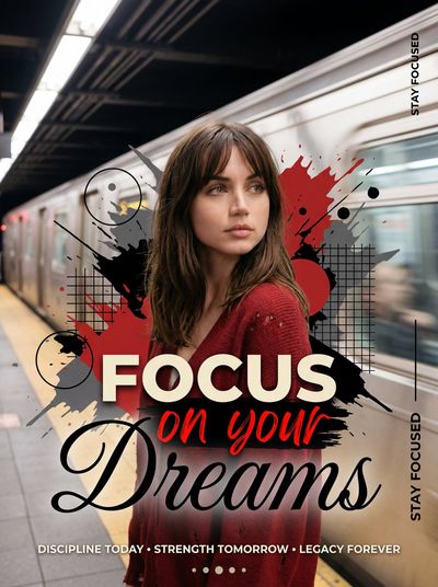 Young woman stands calmly on subway platform as train rushes past