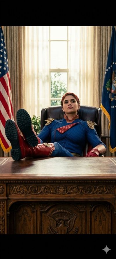 A confident female superhero dominates the executive office with authority