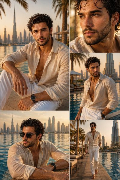 Dark-haired man in linen shirt relaxes by Dubai infinity pool