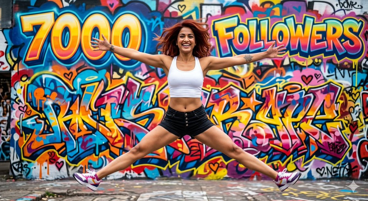 Fitness enthusiast leaps joyfully before a vibrant graffiti wall