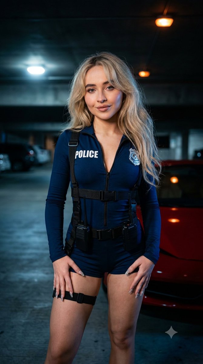 A police-themed Sabrina Carpenter poses beside a red Ferrari