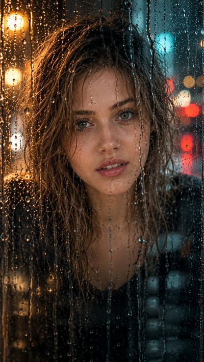 Rain-soaked woman's intense gaze through neon-lit glass pane