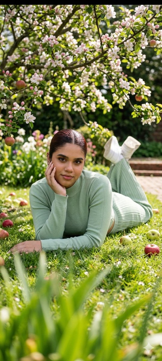 A woman enjoys a peaceful moment under blooming apple tree
