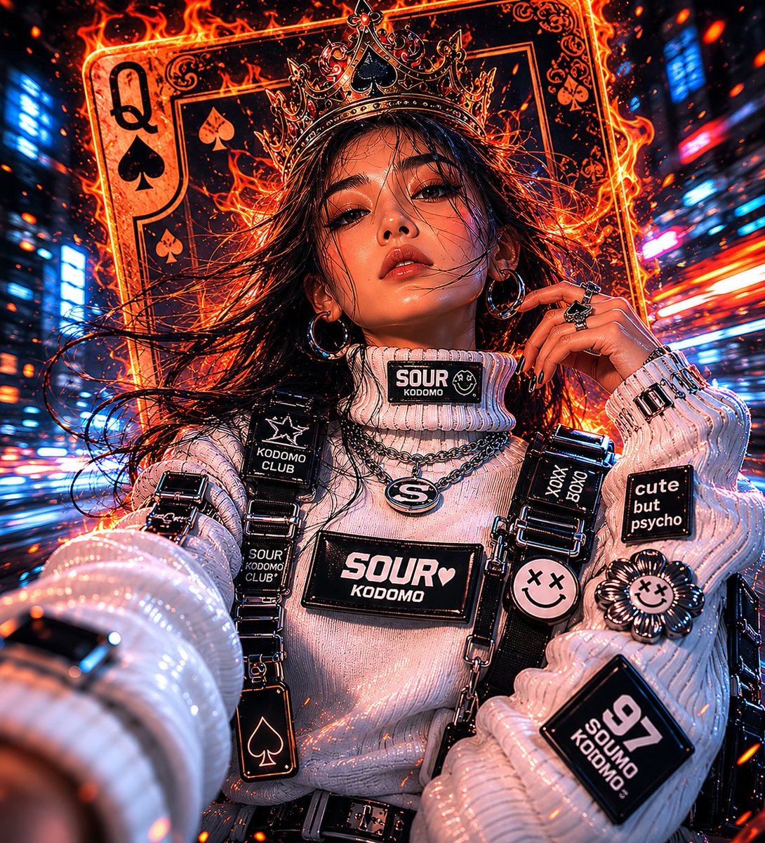A cyberpunk queen takes a fierce selfie amid neon city flames