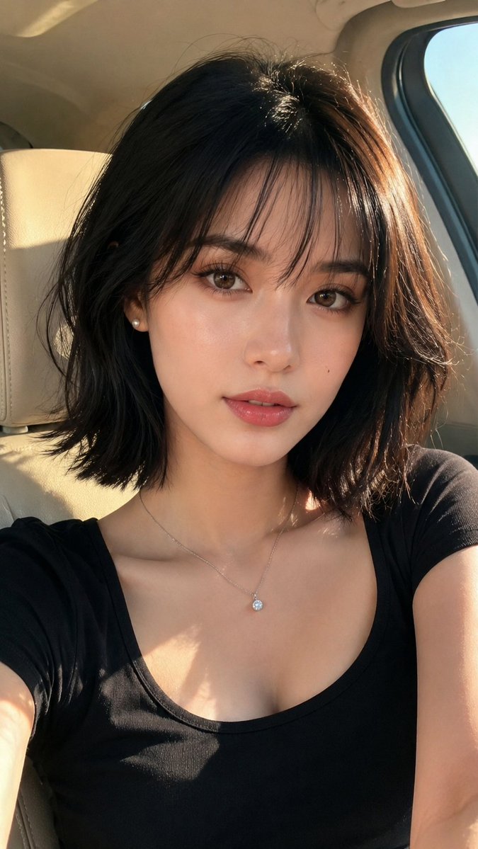 Asian woman with short black bob hair takes a golden hour selfie in car