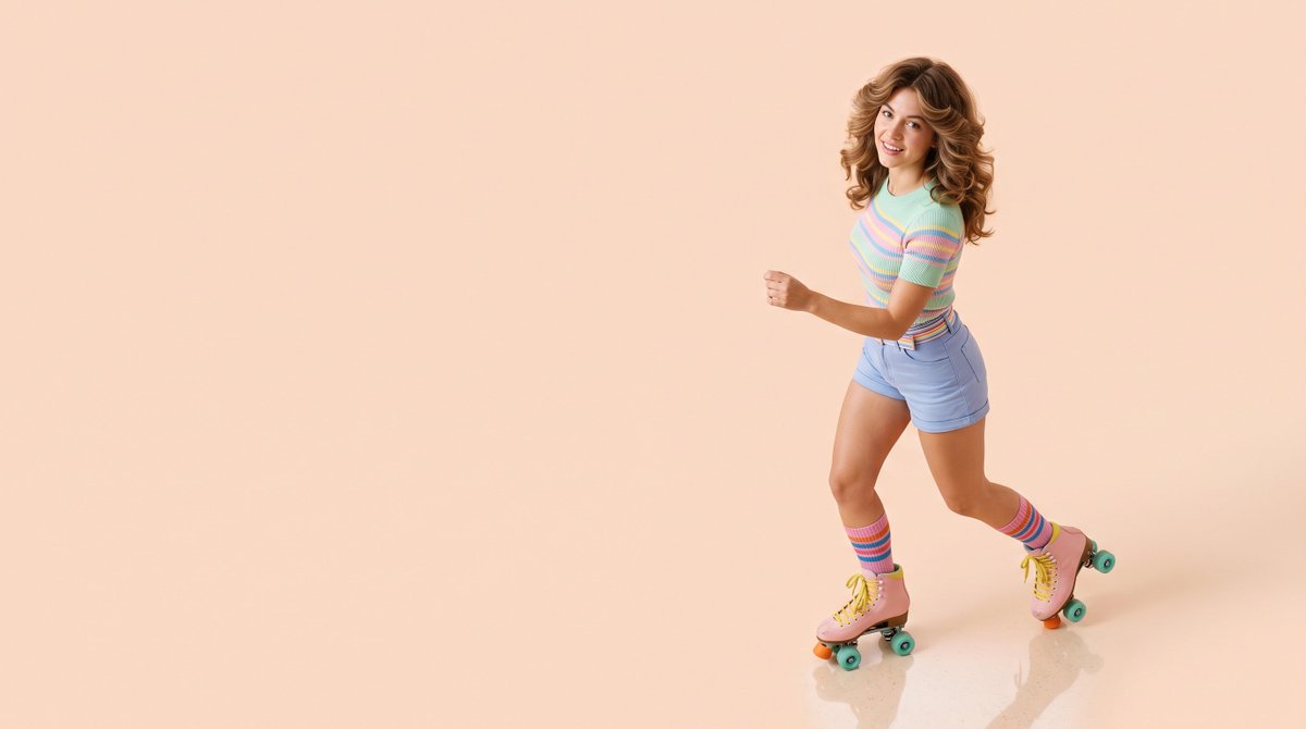 A 1970s woman in pastel roller skates poses for studio lighting