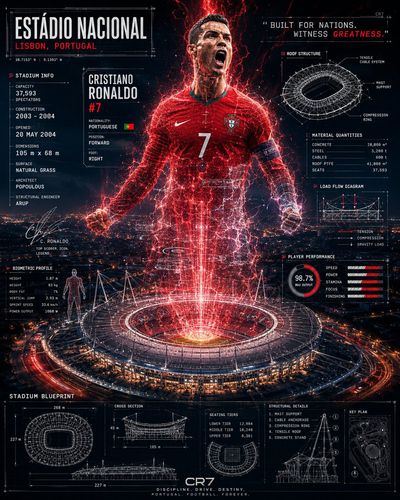 Holographic star emerges from glowing stadium pitch at night