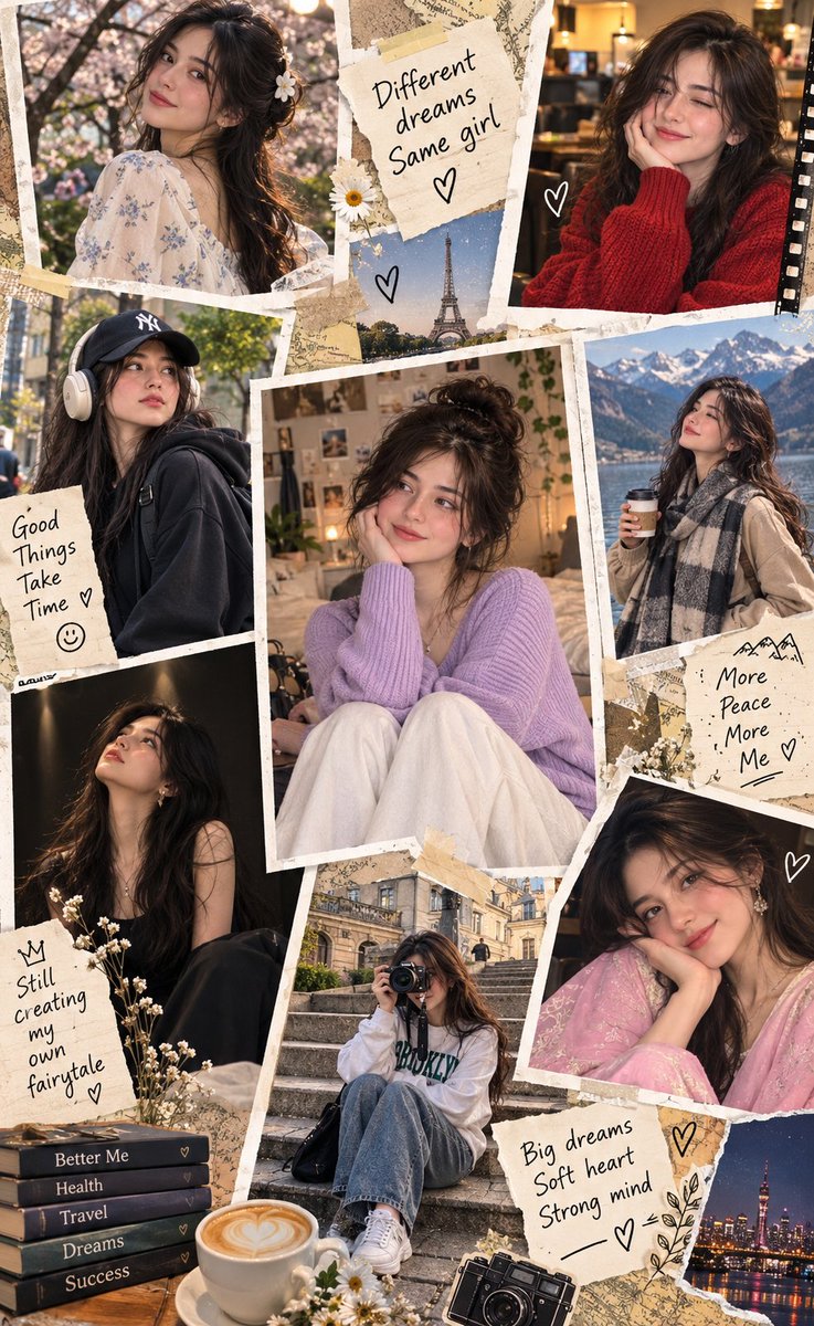 Scrapbook collage showcases a young woman's diverse dreams and stylish journeys