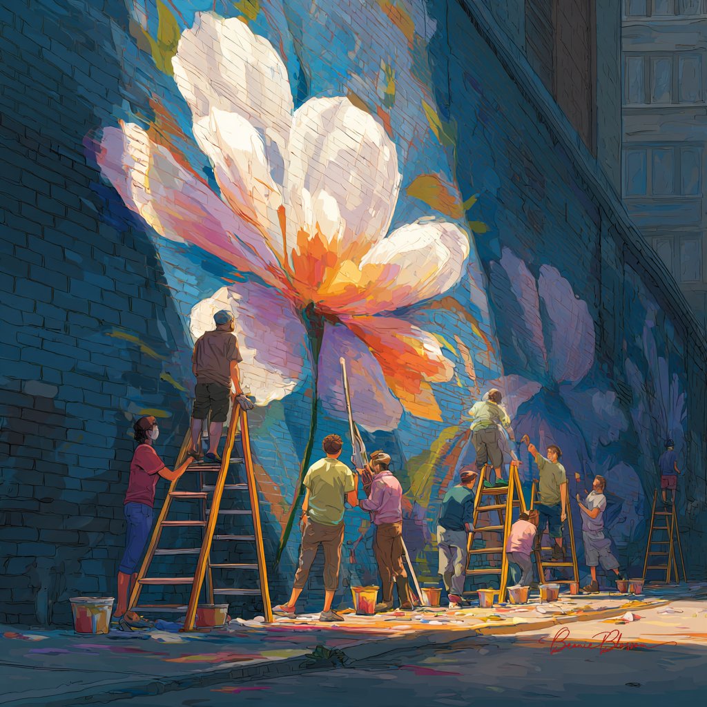 Colorful Collaboration: Street Artists Creating a Flower Mural