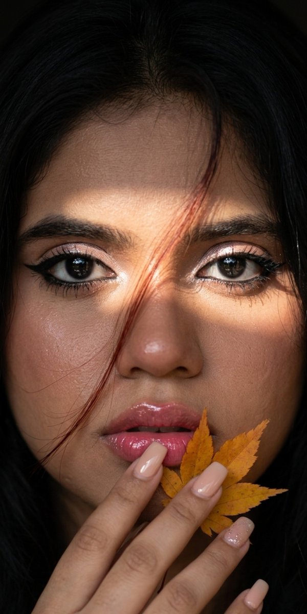 Autumn's golden leaf rests gently on her glossy lips