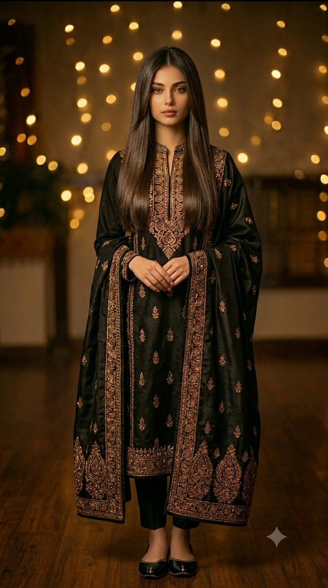 South Asian woman in black kurta poses under golden bokeh lights