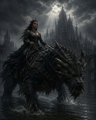 A regal princess rides a scaled beast through stormy waters