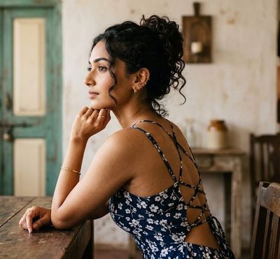 Young woman in floral dress contemplates in vintage cafe light