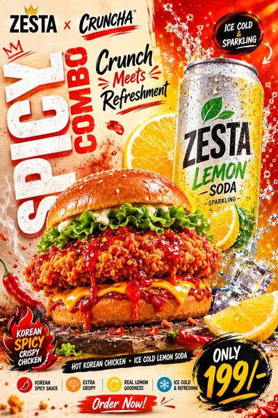 Crispy Korean chicken burger pairs with zesty lemon soda combo