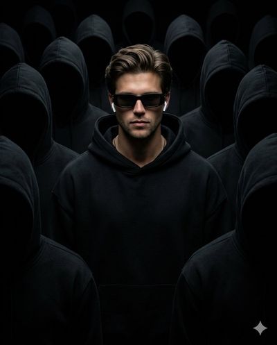 A solitary man in black stands surrounded by faceless hooded figures