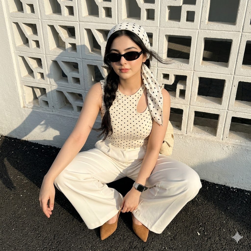 Asian woman with polka dot headscarf poses in dramatic sunlight shadows