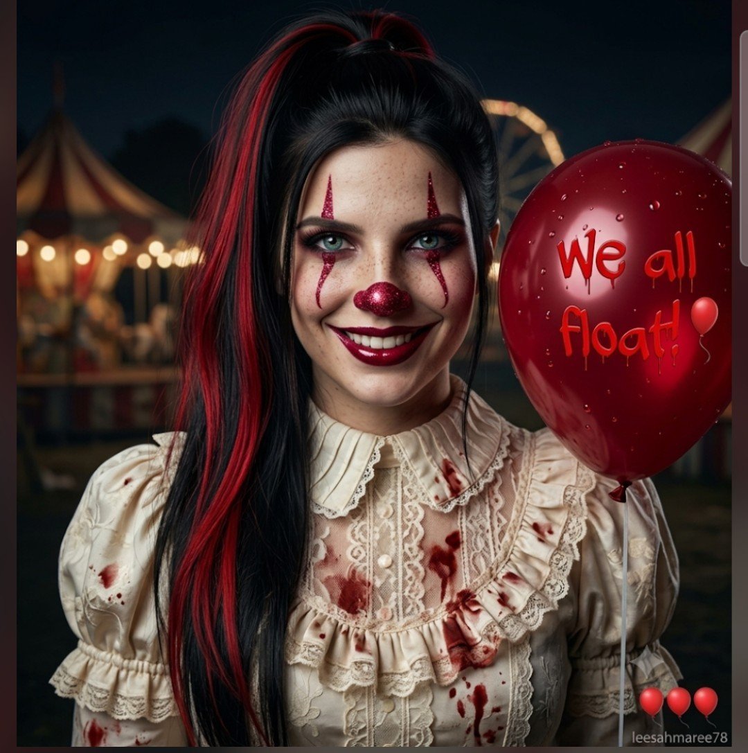 Gothic clown woman with crimson makeup stares menacingly at camera