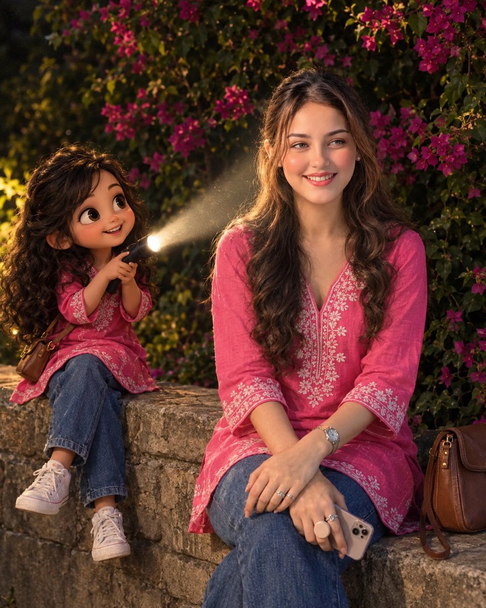 Woman and Pixar Girl Share Candid Night on Stone Ledge
