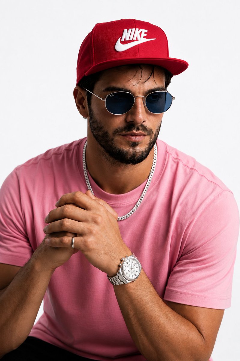 Man in pastel pink tee and red cap poses in studio