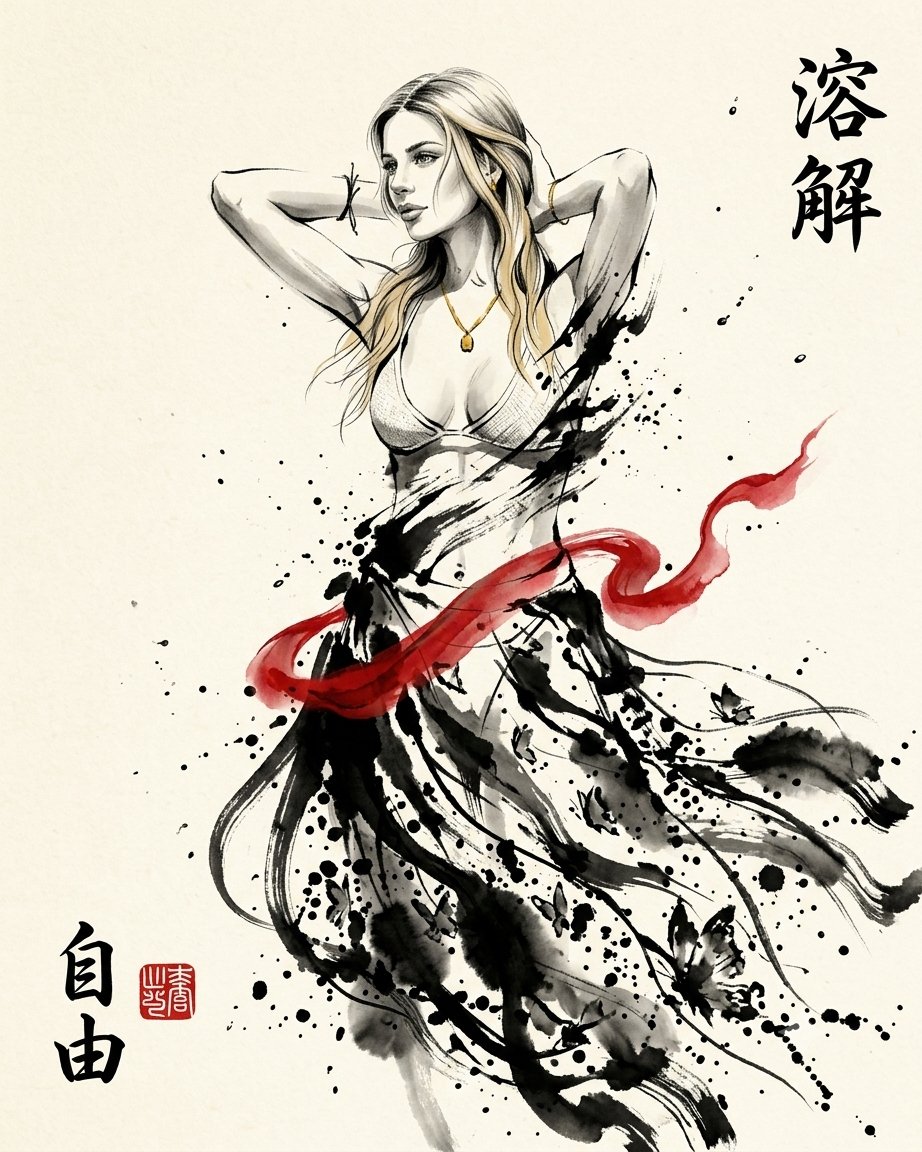 Ink portrait dissolves into expressive brushstrokes and chaotic splashes