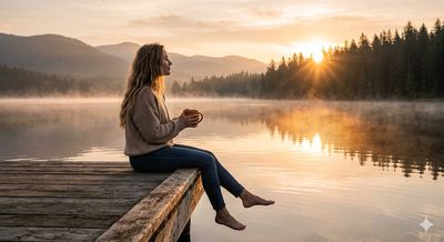 A woman in a beige sweater sits on a dock at sunrise.